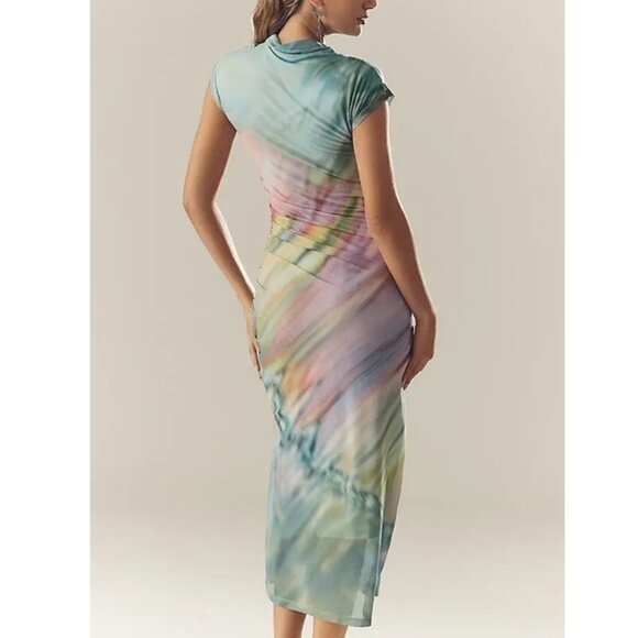 Anthropologie The Maya Ruched Cowl-Neck Mesh Dress Green Pattern Watercolor M - Picture 2 of 12